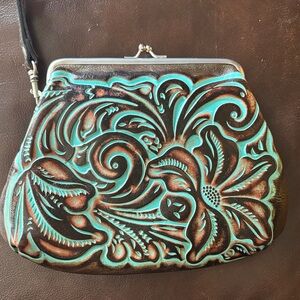 Patricia Nash Turquoise and Brown Embossed Clutch